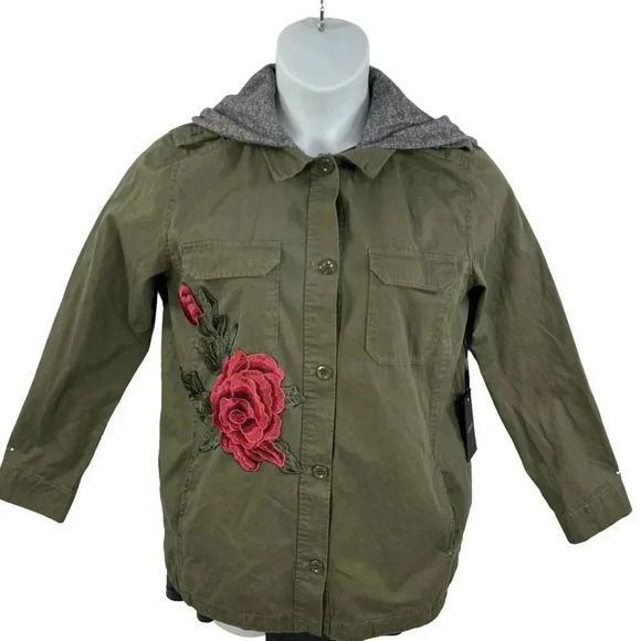 Active USA NWT Lg Hooded Utility Jacket Floral Patch Military Army Green Shacket - Picture 2 of 16